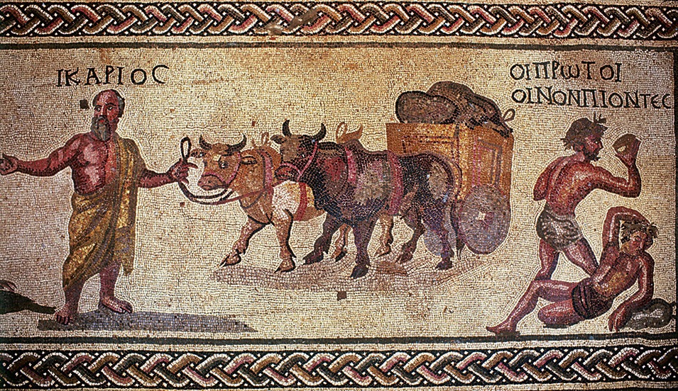 Roman mosaic, from the House of Dionysus, depicting the legend of Dionysus teaching  people the art of viticulture and wine production (3rd c AD, Paphos, Cyprus)